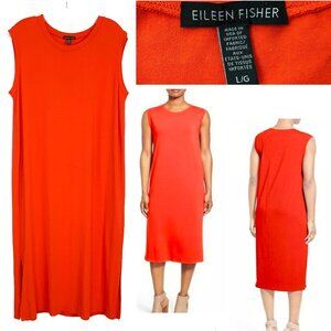 Eileen Fisher Orange Sleeveless Crewneck Shift Midi Dress Large